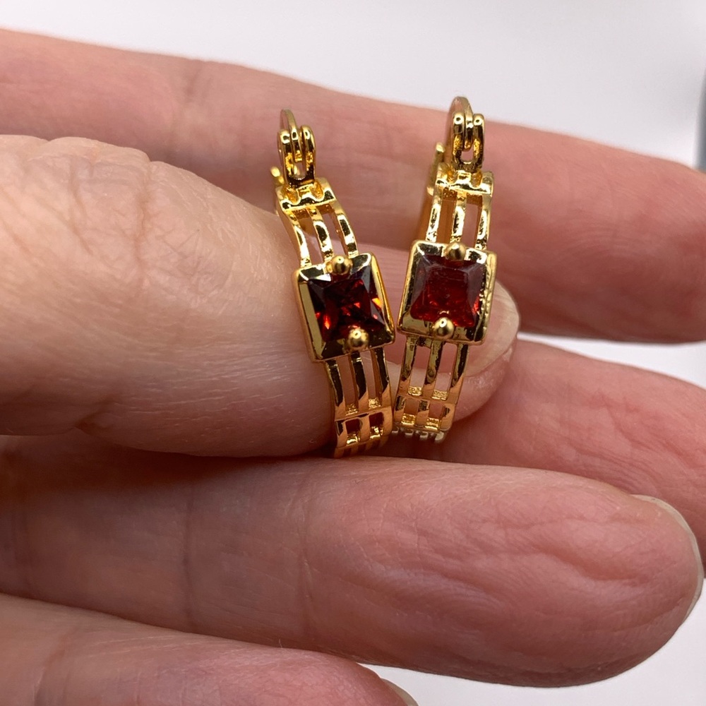 FWJ Genuine Garnet Hoop Earrings - Gold Tone Greek Key Design